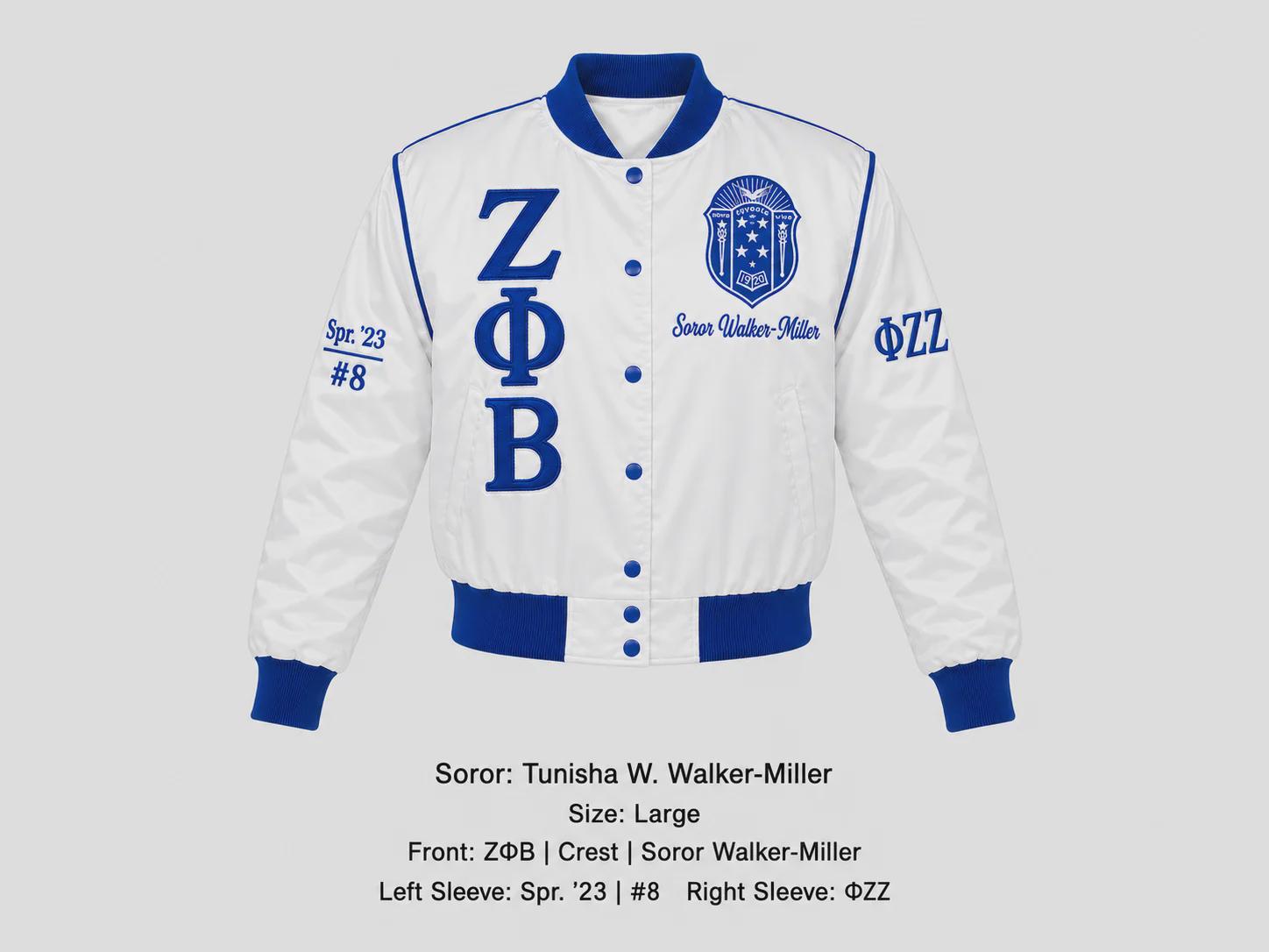 Royal Blue / White Zeta Phi Beta Cropped Line Jacket with personalized front, back, and sleeve embroidery