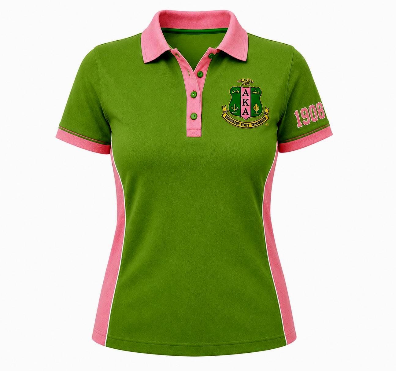 Red Pink custom embroidered Alpha Kappa Alpha polo shirt with personalized name, chapter, and line details