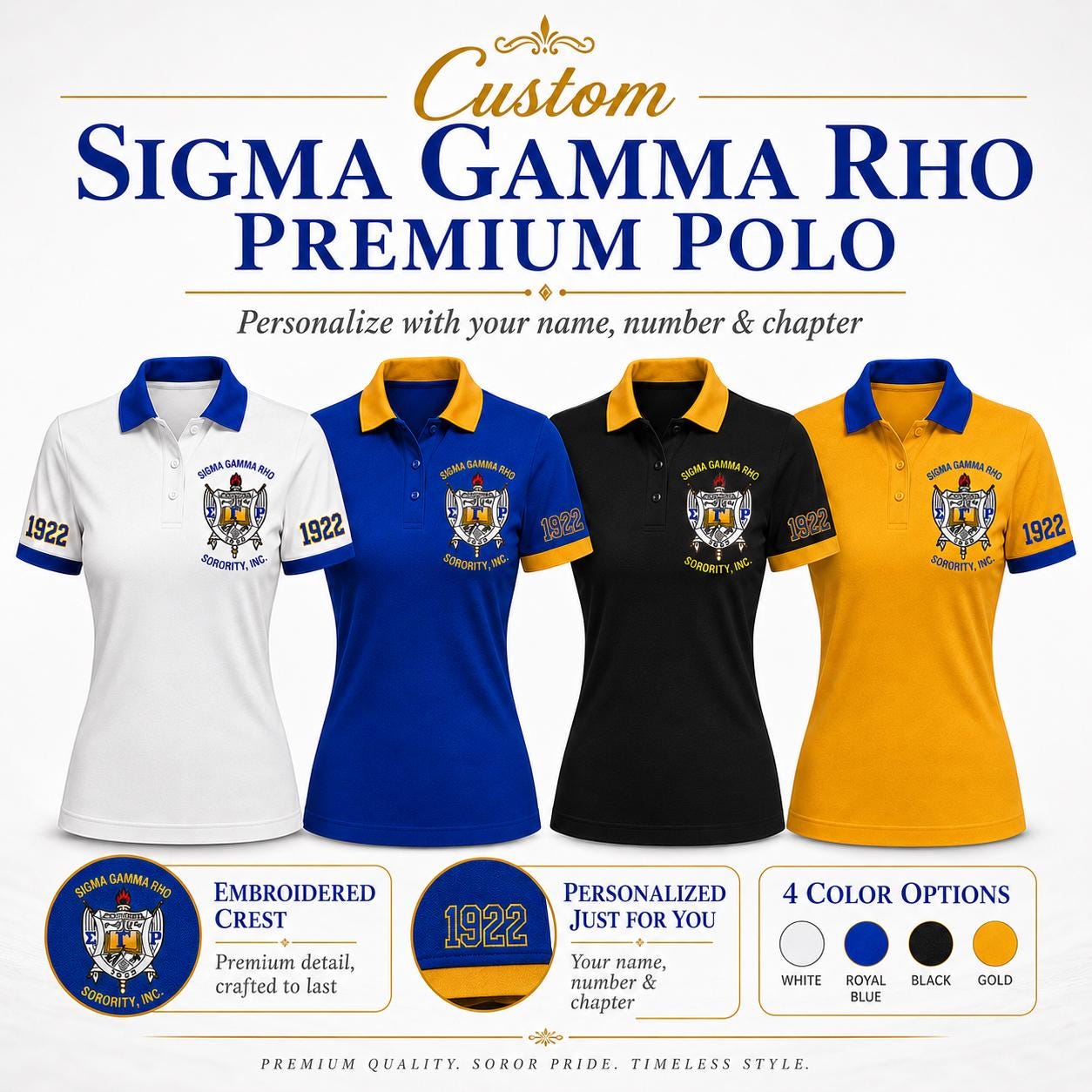 Royal Blue Gold custom embroidered Sigma Gamma Rho polo shirt with personalized name, chapter, and line details