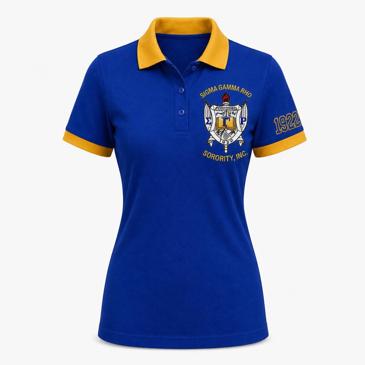 Royal Blue Gold custom embroidered Sigma Gamma Rho polo shirt with personalized name, chapter, and line details