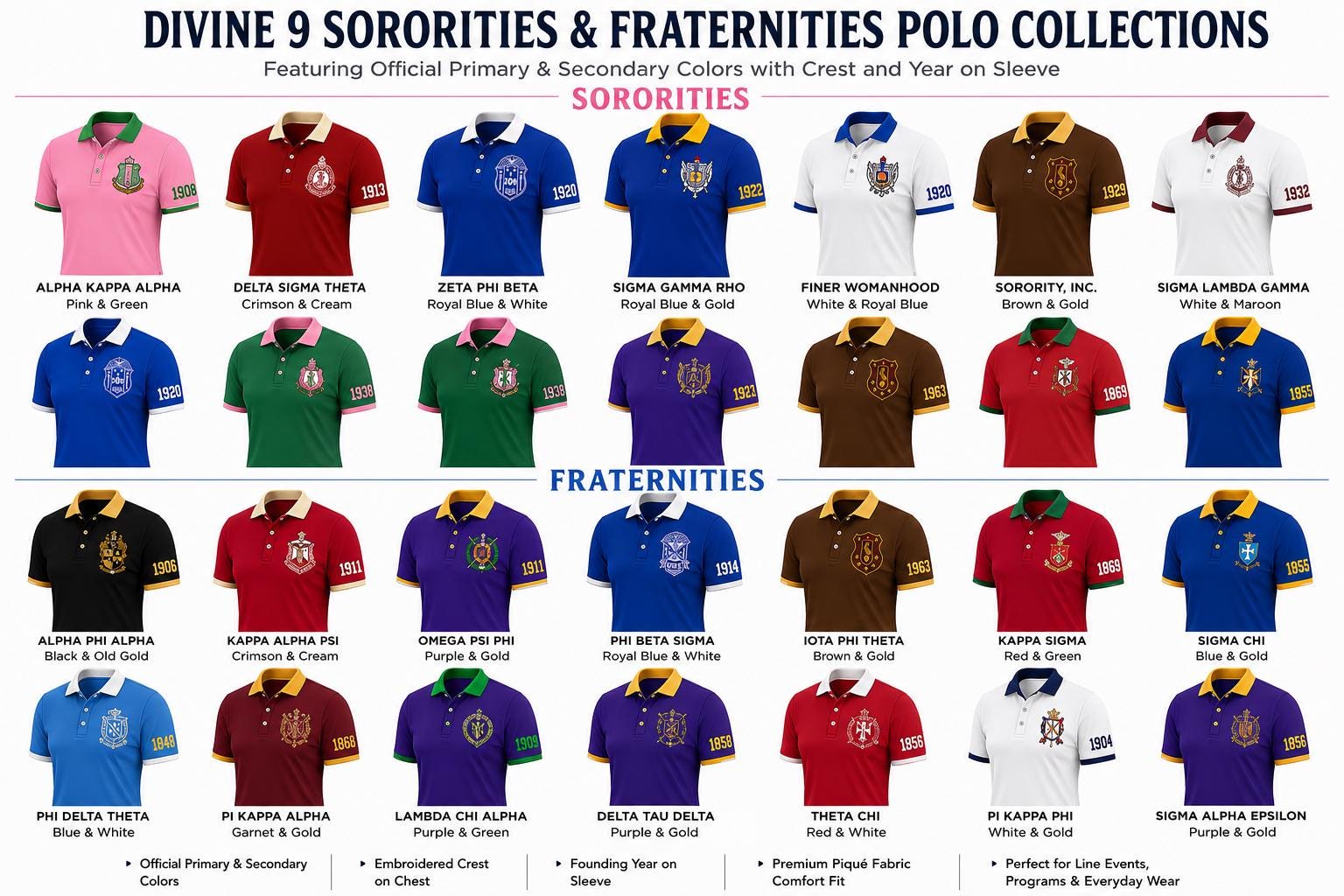 Royal Blue White custom embroidered greek polo shirt with personalized name, chapter, and line details