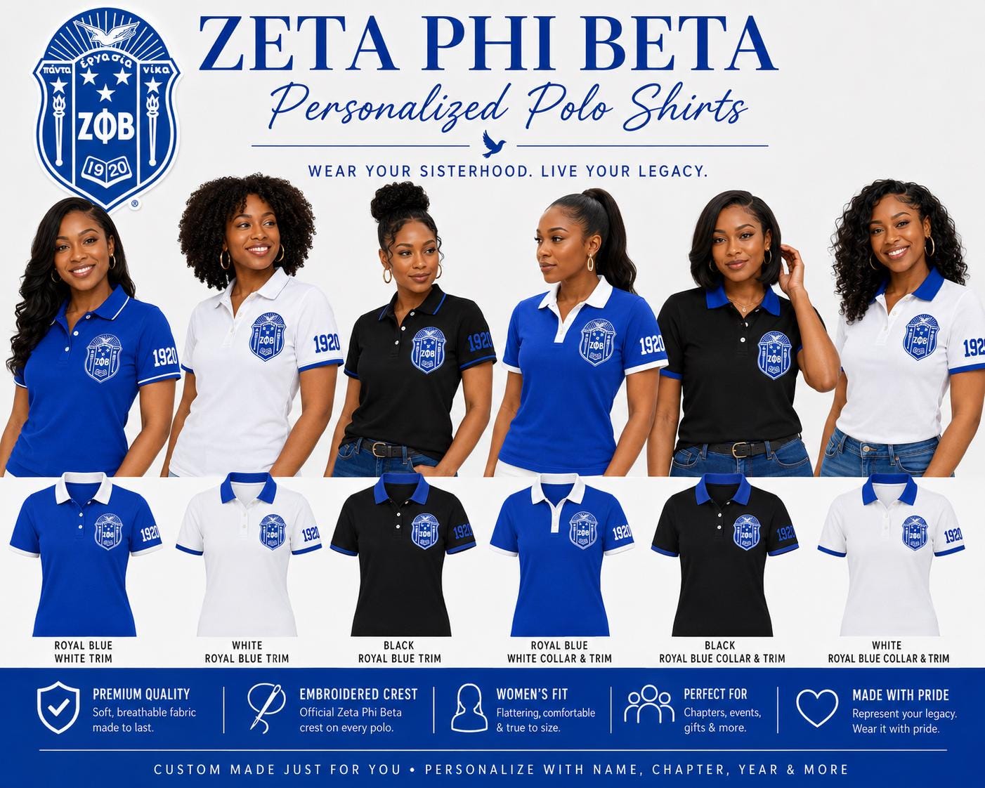 Royal Blue White custom embroidered greek polo shirt with personalized name, chapter, and line details