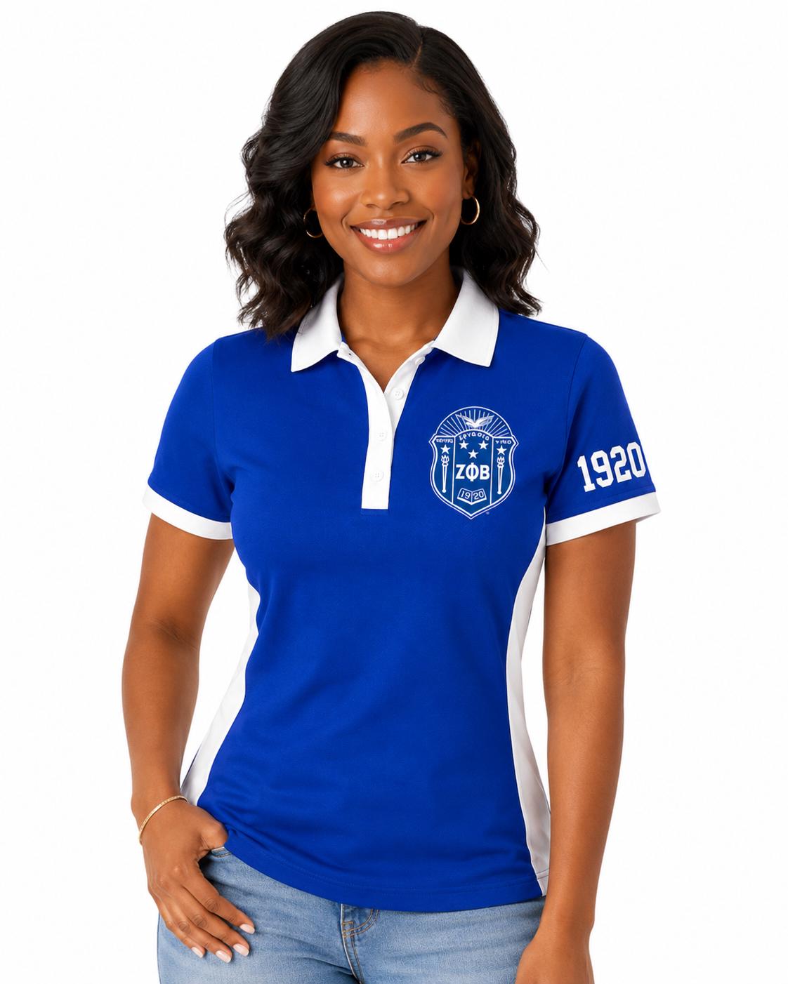Royal Blue White custom embroidered Zeta Phi Beta polo shirt with personalized name, chapter, and line details