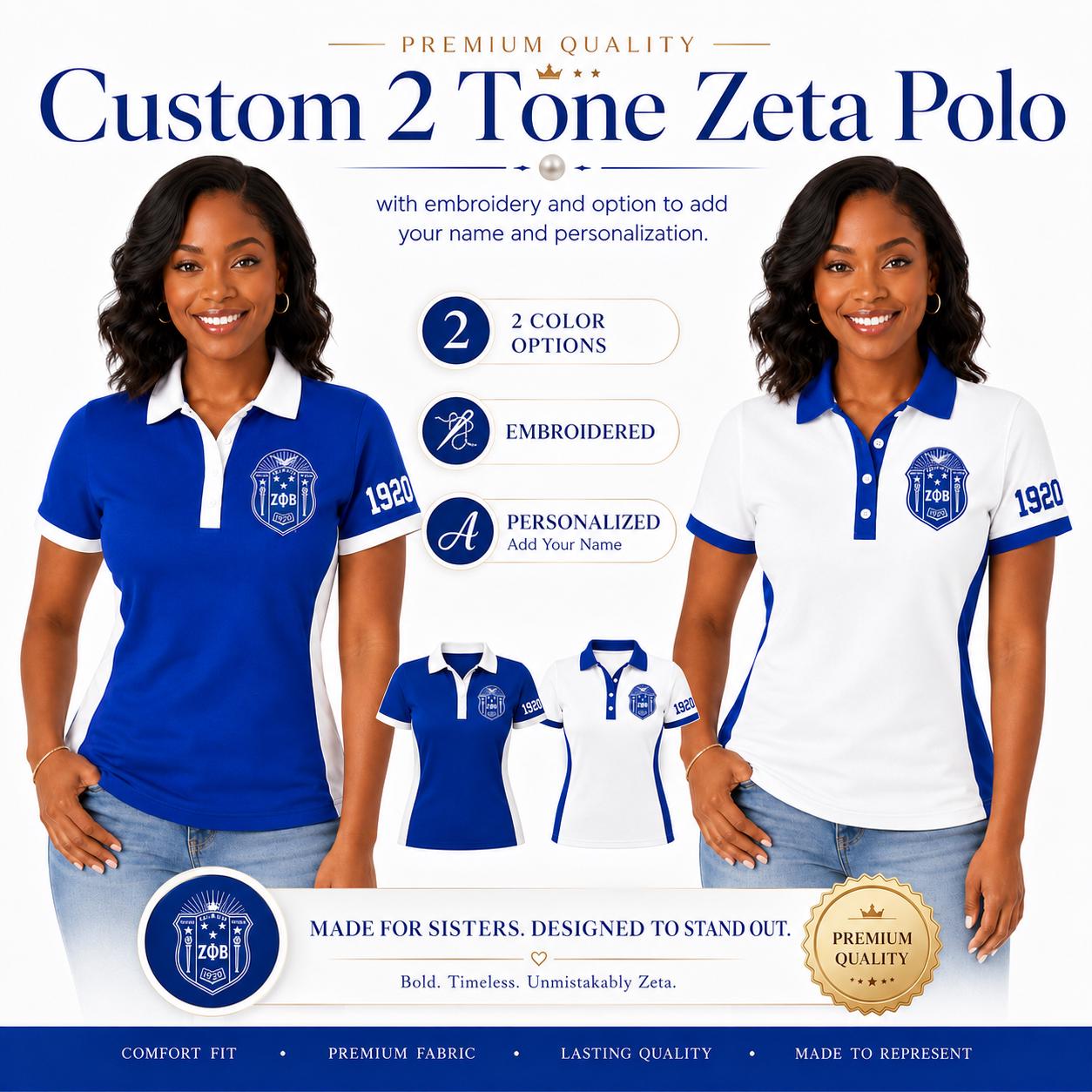Royal Blue White custom embroidered Zeta Phi Beta polo shirt with personalized name, chapter, and line details