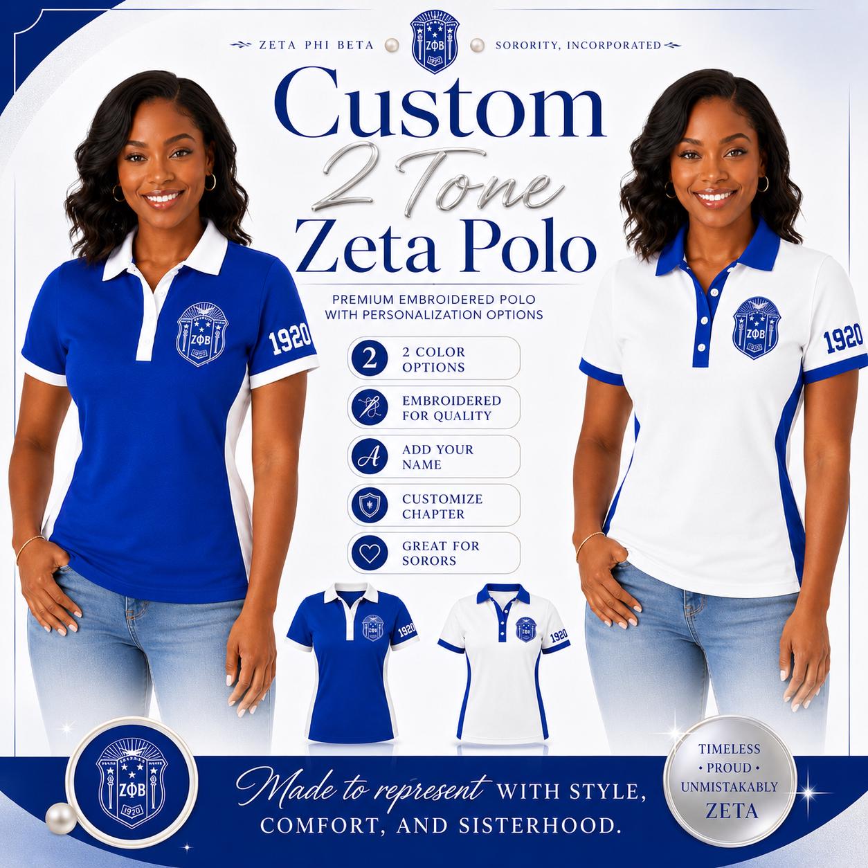 Royal Blue White custom embroidered Zeta Phi Beta polo shirt with personalized name, chapter, and line details