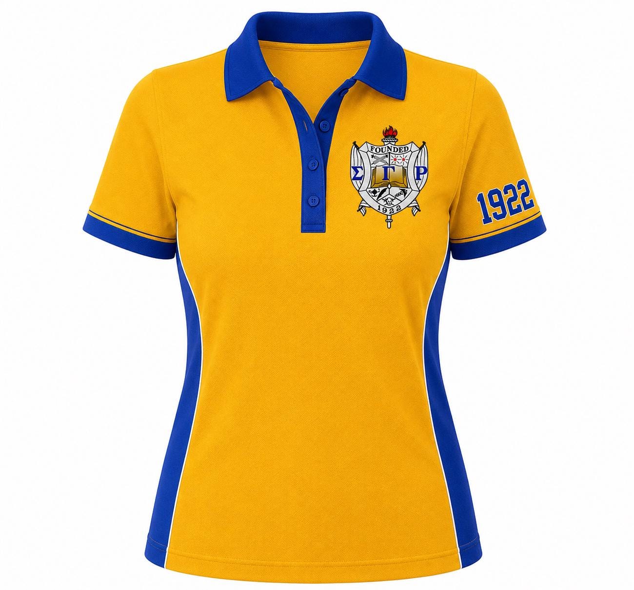 Royal Blue Gold custom embroidered Sigma Gamma Rho polo shirt with personalized name, chapter, and line details