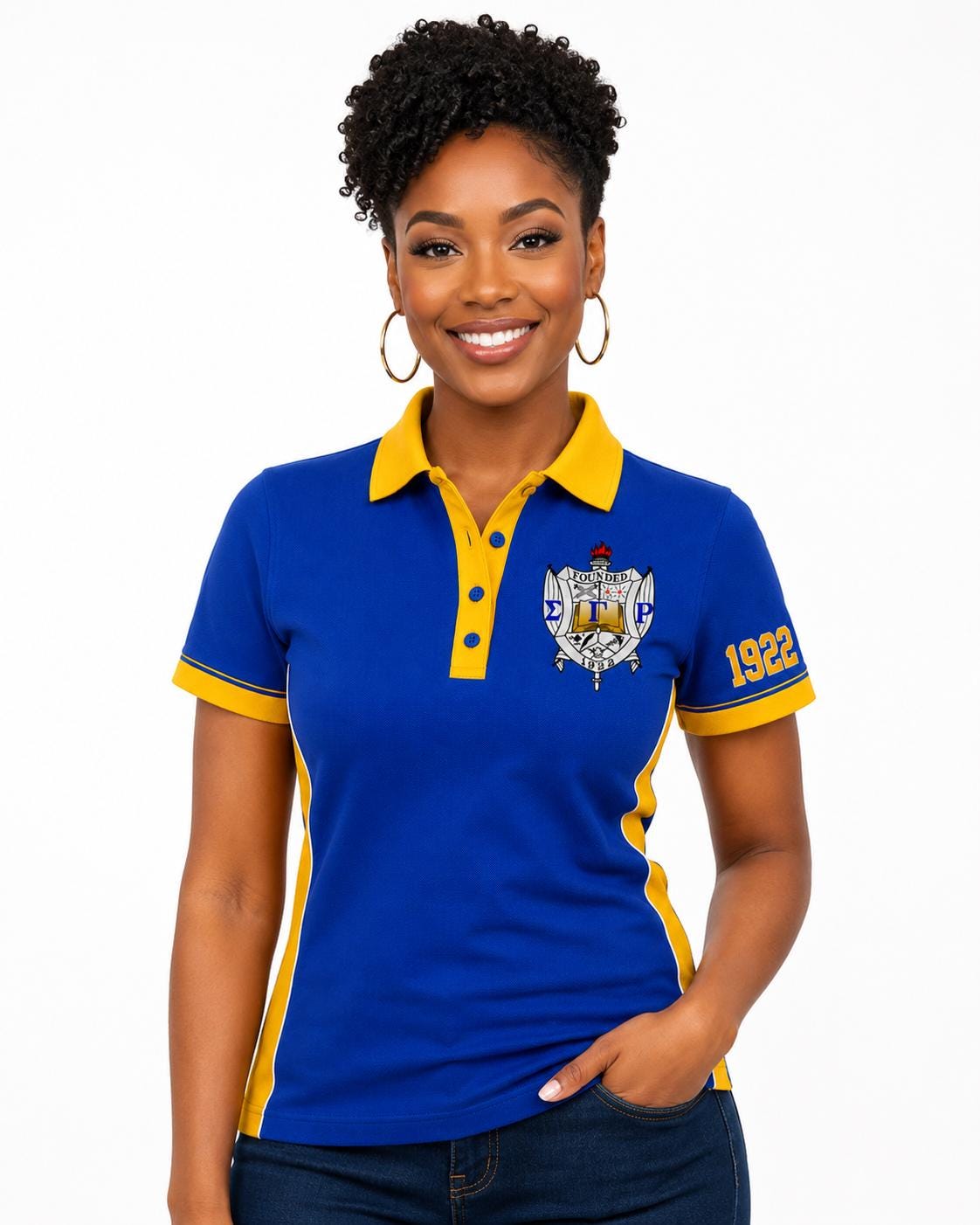 Royal Blue Gold custom embroidered Sigma Gamma Rho polo shirt with personalized name, chapter, and line details