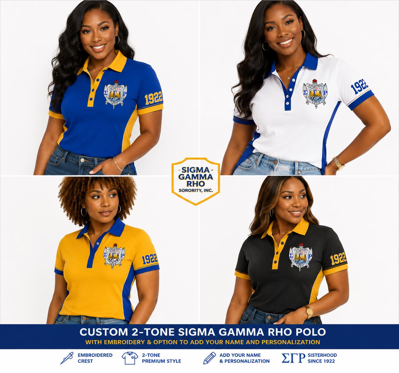 Royal Blue Gold custom embroidered Sigma Gamma Rho polo shirt with personalized name, chapter, and line details