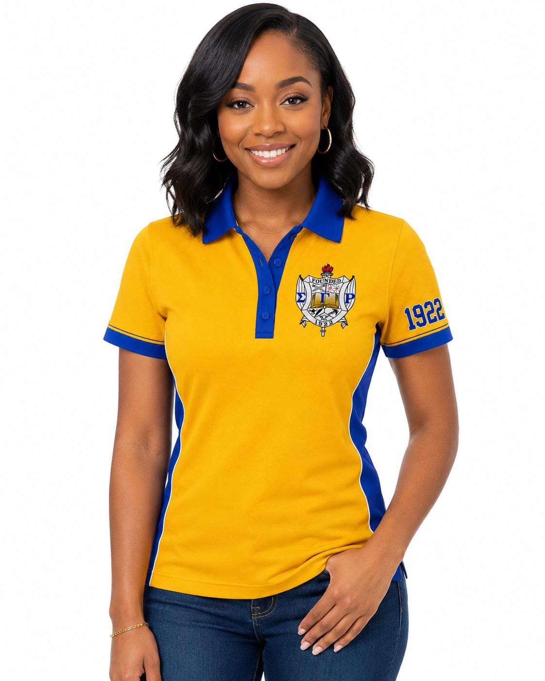 Royal Blue Gold custom embroidered Sigma Gamma Rho polo shirt with personalized name, chapter, and line details
