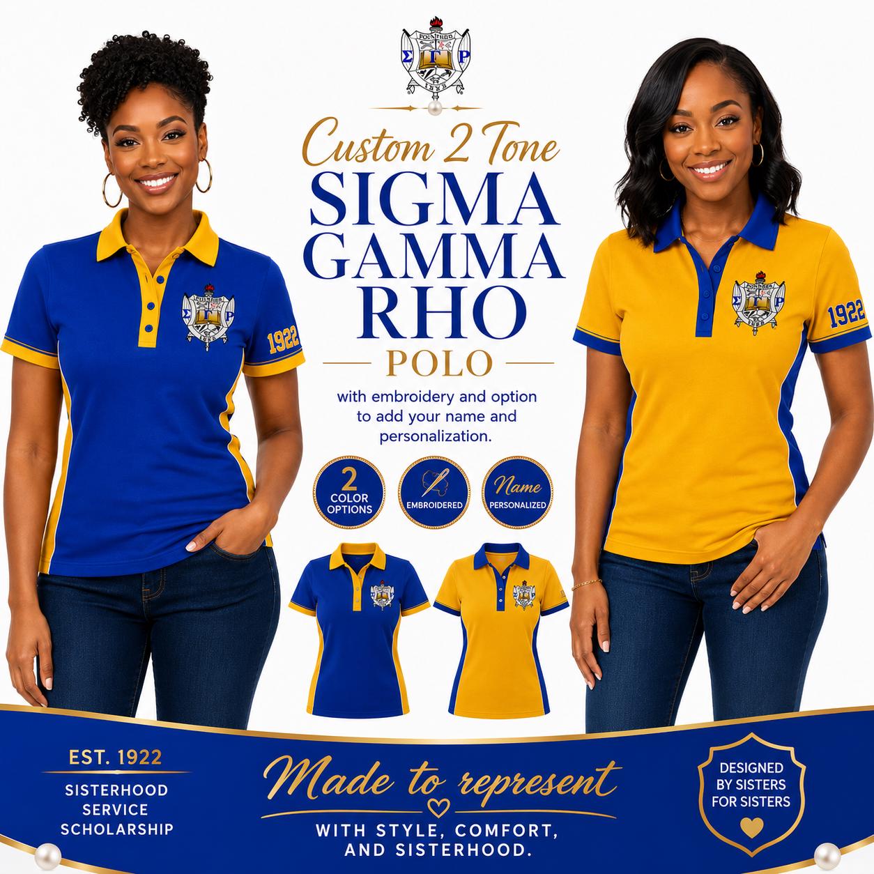 Royal Blue Gold custom embroidered Sigma Gamma Rho polo shirt with personalized name, chapter, and line details