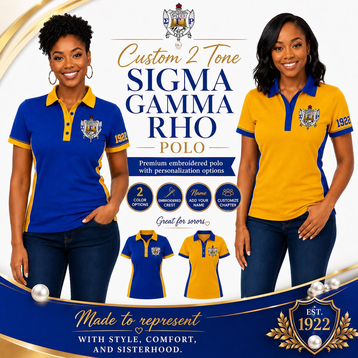 Royal Blue Gold custom embroidered Sigma Gamma Rho polo shirt with personalized name, chapter, and line details