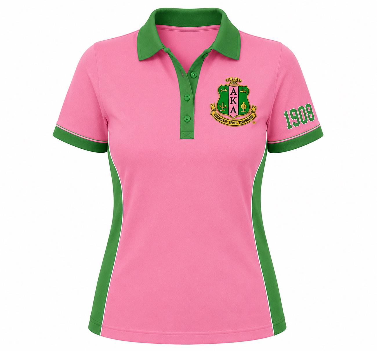 Red Pink custom embroidered Alpha Kappa Alpha polo shirt with personalized name, chapter, and line details