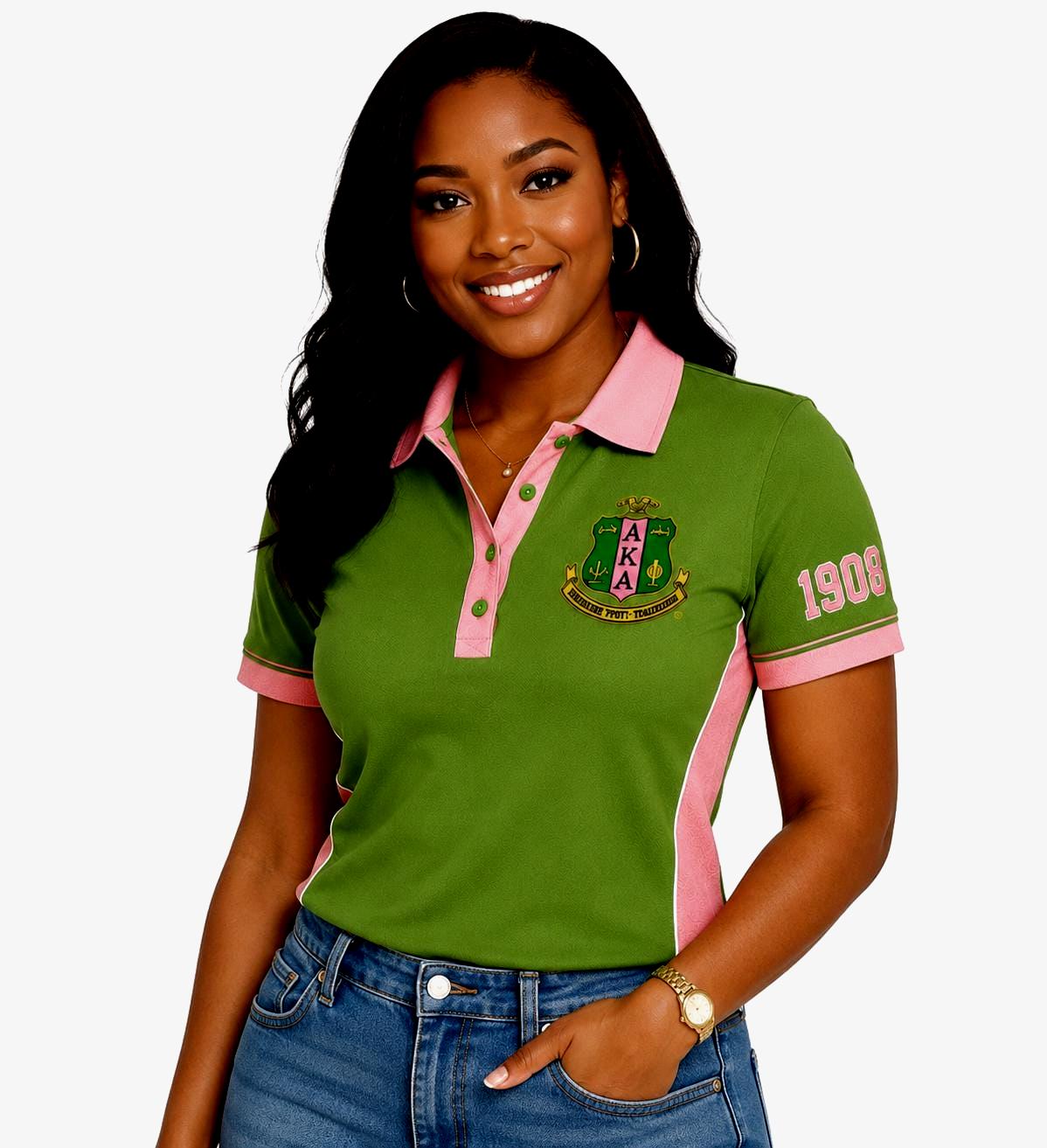 Red Pink custom embroidered Alpha Kappa Alpha polo shirt with personalized name, chapter, and line details