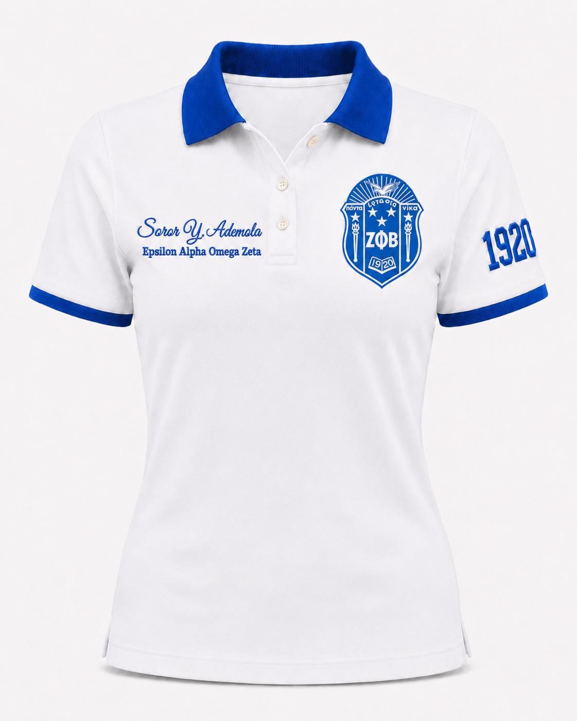 Royal Blue White custom embroidered greek polo shirt with personalized name, chapter, and line details