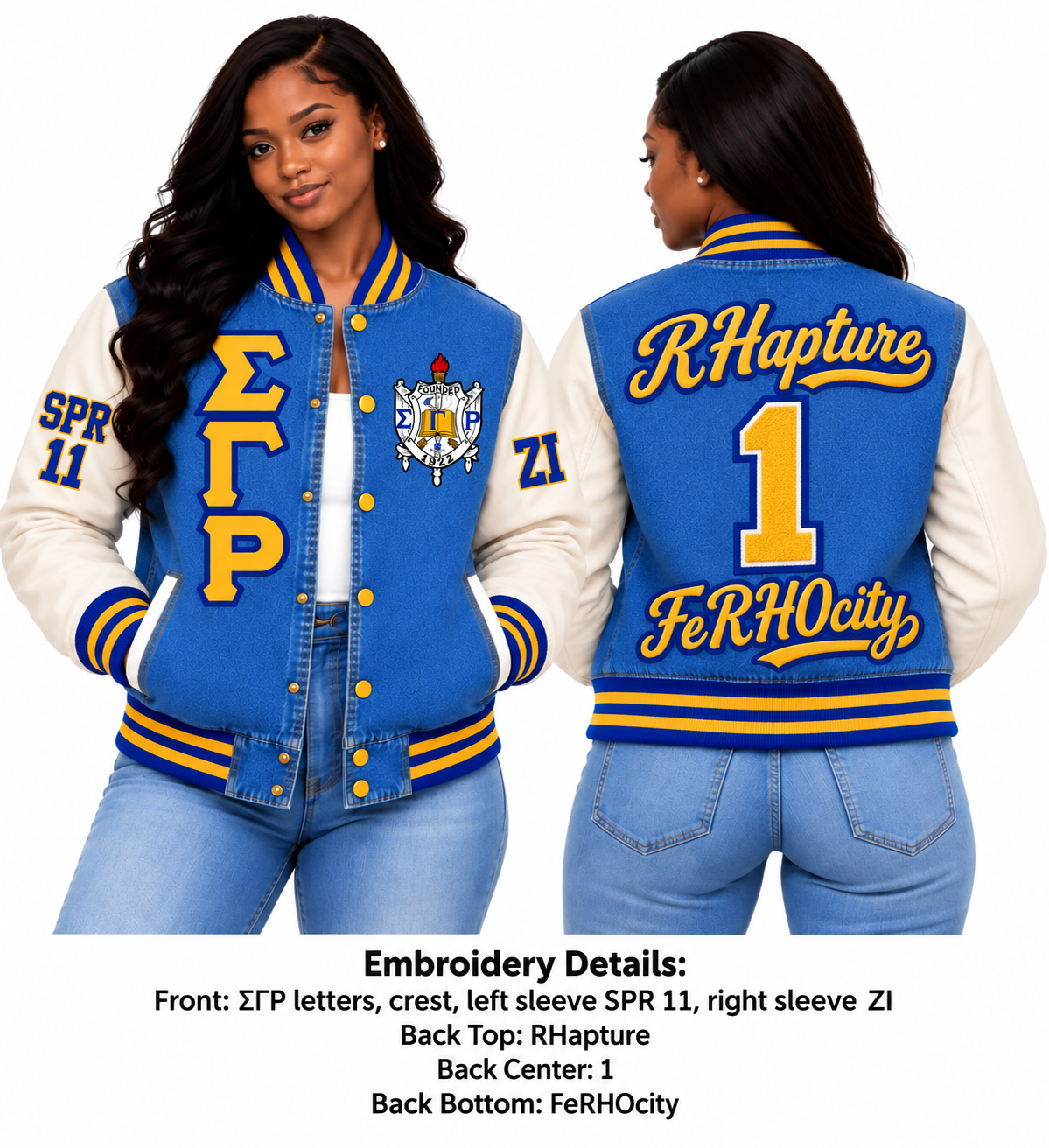 Sigma Gamma Rho Custom Embroidered Denim & Leather Varsity Jacket – Personalized