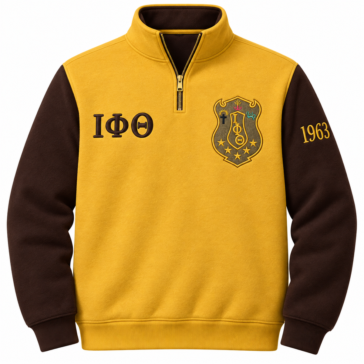 Iota Phi Theta Custom Embroidered Quarter-Zip Pullover | Gold & Brown front view with crest, Greek letters and founding year