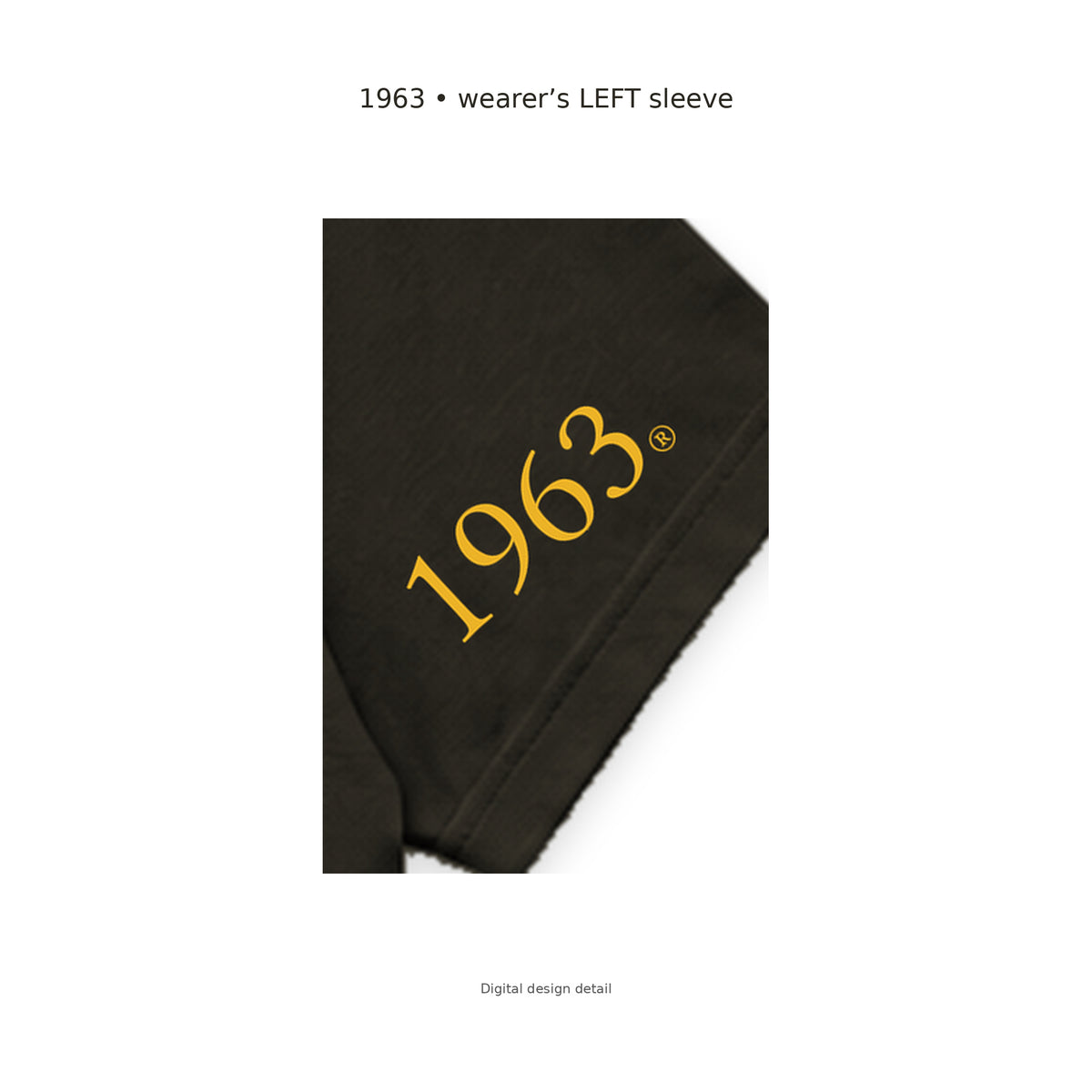 Digital sleeve detail: original gold 1963 artwork on the wearer's LEFT sleeve of the charcoal brown Iota Phi Theta T-shirt