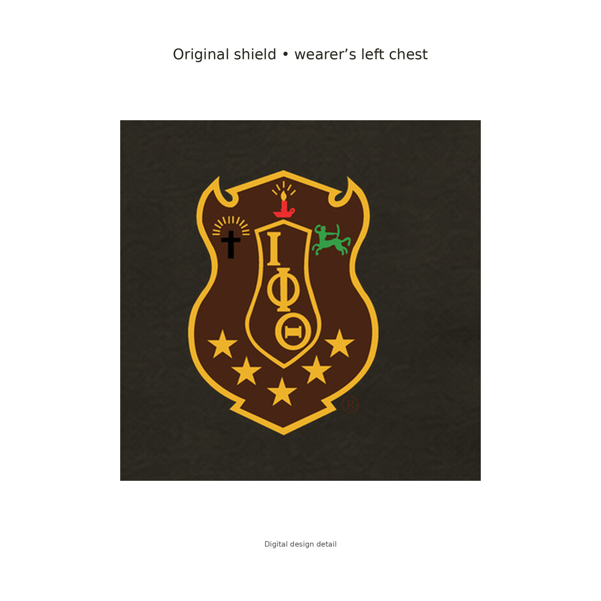 Digital design detail: the exact original Iota Phi Theta brand-kit shield, with its original colors, placed on the charcoal brown T-shirt