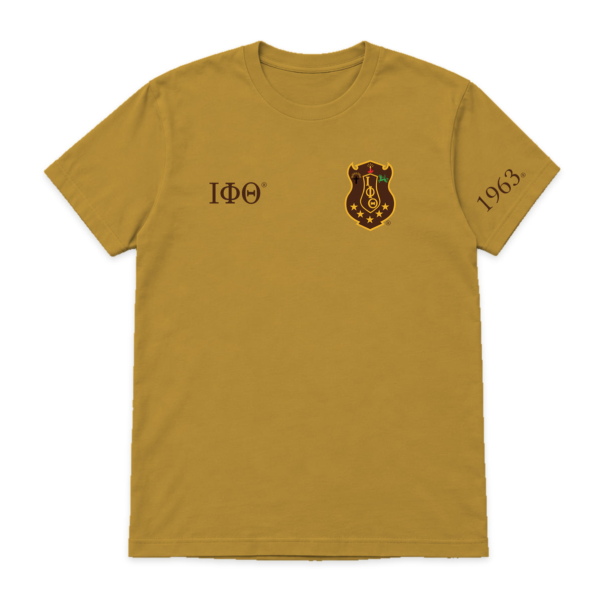 Digital product mockup: Iota Phi Theta gilded gold T-shirt with original brand-kit left-chest shield, small brown Greek letters and 1963 on wearer's left sleeve