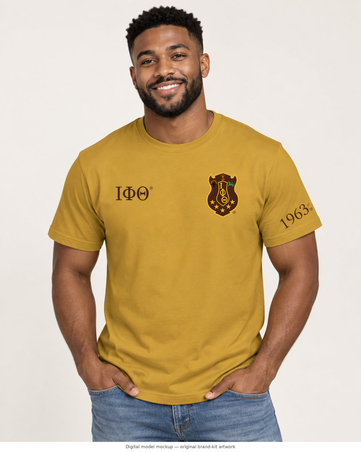 Digital model mockup: adult male wearing the gilded gold Iota Phi Theta T-shirt; original shield, Greek letters and 1963 artwork directly composited from the brand kit