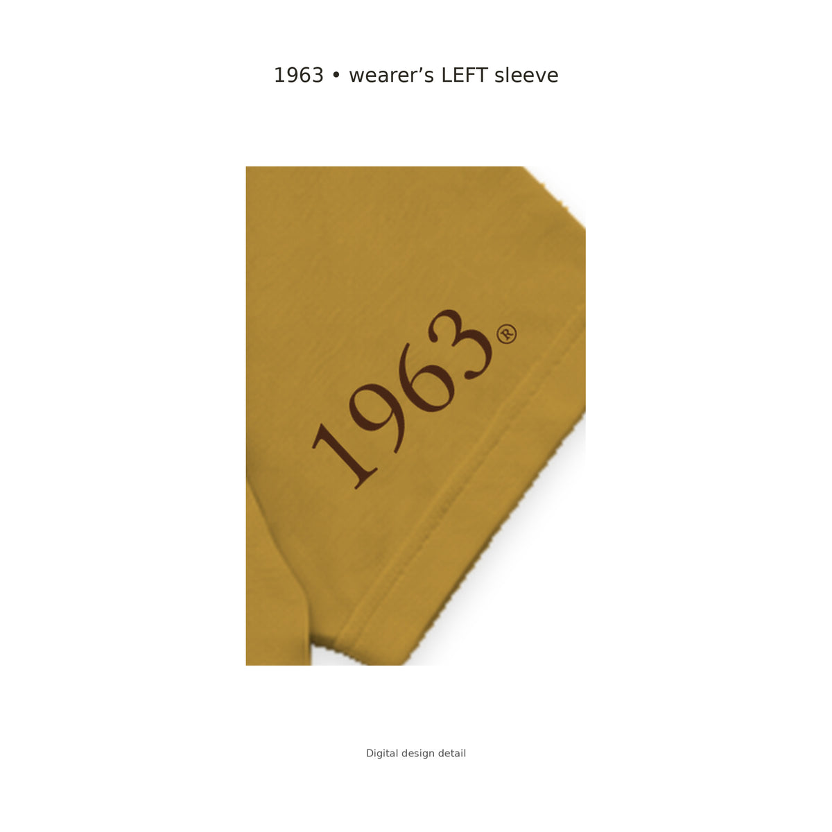 Digital sleeve detail: original brown 1963 artwork on the wearer's LEFT sleeve of the gilded gold Iota Phi Theta T-shirt
