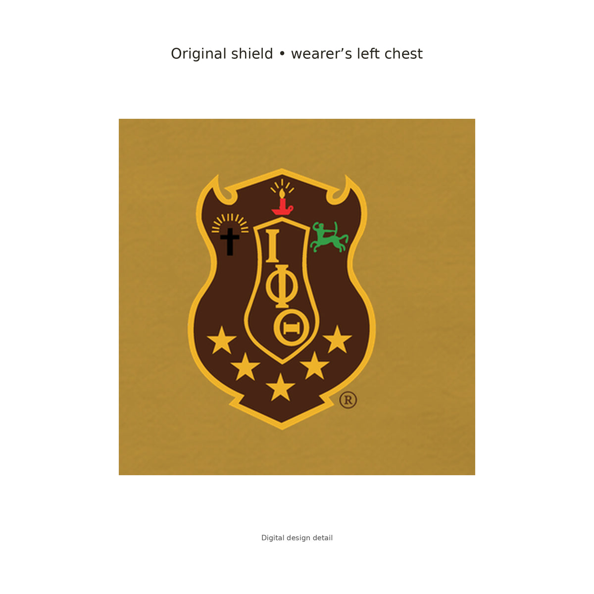 Digital design detail: the exact original Iota Phi Theta brand-kit shield, preserving its original colors, placed on the gilded gold T-shirt