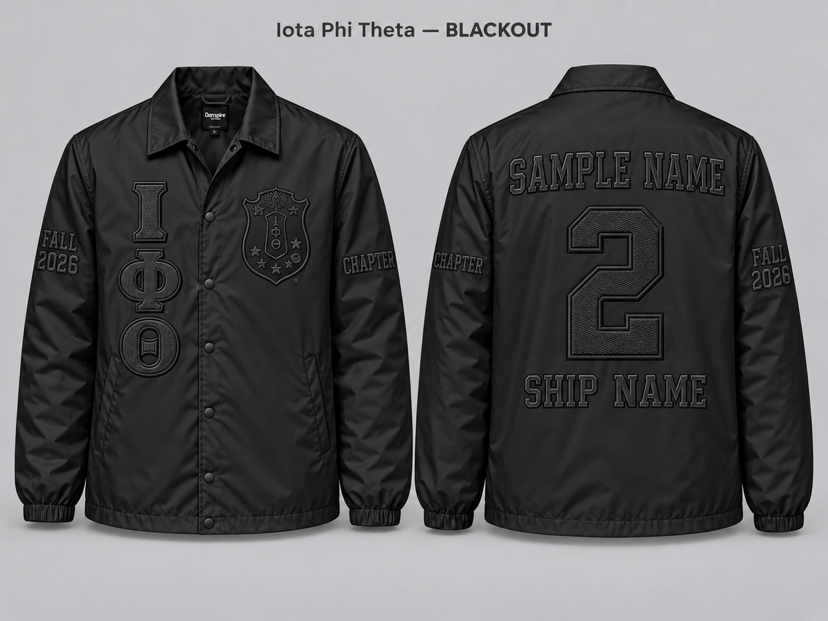 Iota Phi Theta Blackout line jacket with sample front back and sleeve embroidery