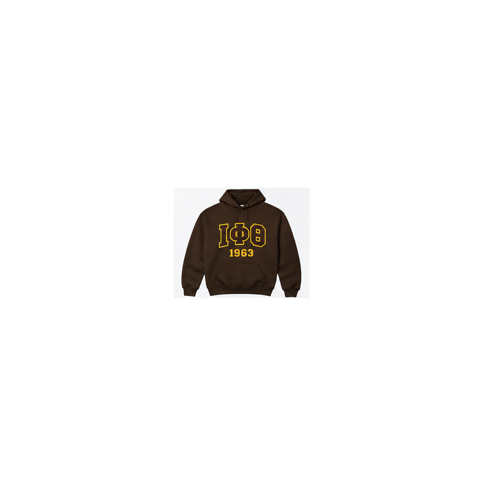 Brown Iota Phi Theta hoodie with gold IΦΘ Greek letters and 1963 design, front view
