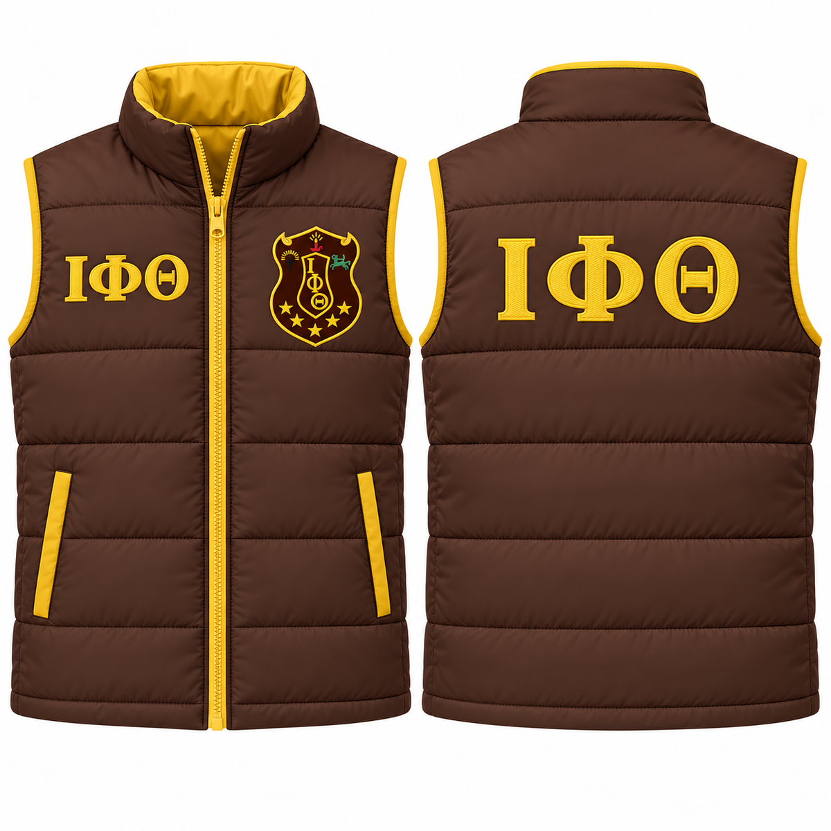 Iota Phi Theta brown and gold custom embroidered puffer vest front and back