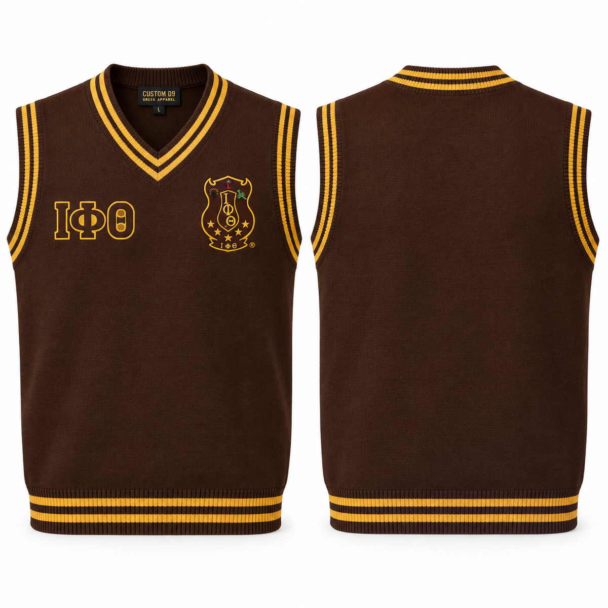 Iota Phi Theta brown and gold varsity sweater vest front and back