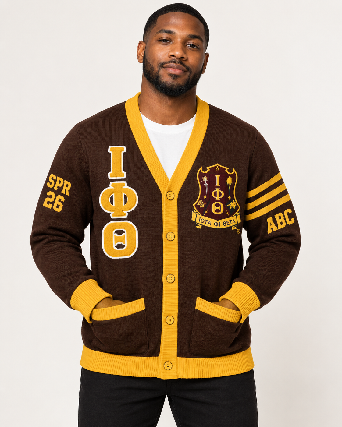 Iota Phi Theta custom cardigan in brown and gold shown on model