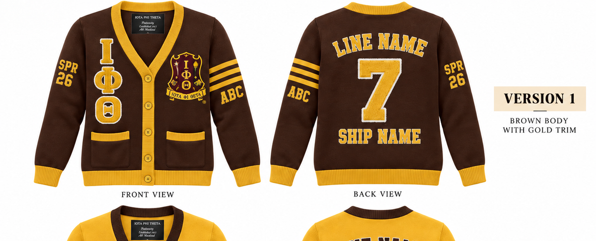 Iota Phi Theta custom embroidered cardigan brown body gold trim sample front and back