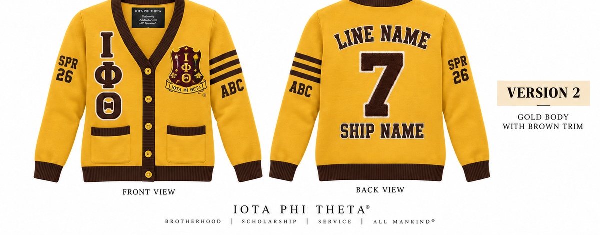 Iota Phi Theta custom embroidered cardigan gold body brown trim sample front and back