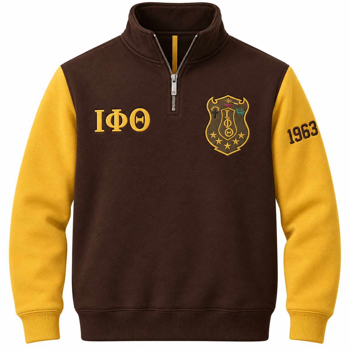 Iota Phi Theta Custom Embroidered Quarter-Zip Pullover | Brown & Gold — front view, embroidered crest, Greek letters and founding year