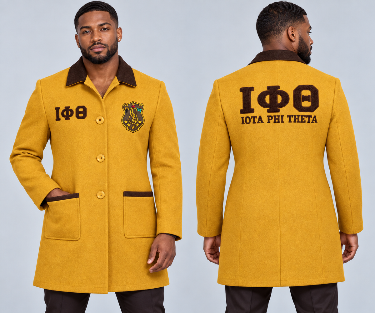 Black male model wearing Iota Phi Theta fitted premium wool blend coat in gilded gold and charcoal brown, premium chenille Greek letters and embroidered crest, front and back views.
