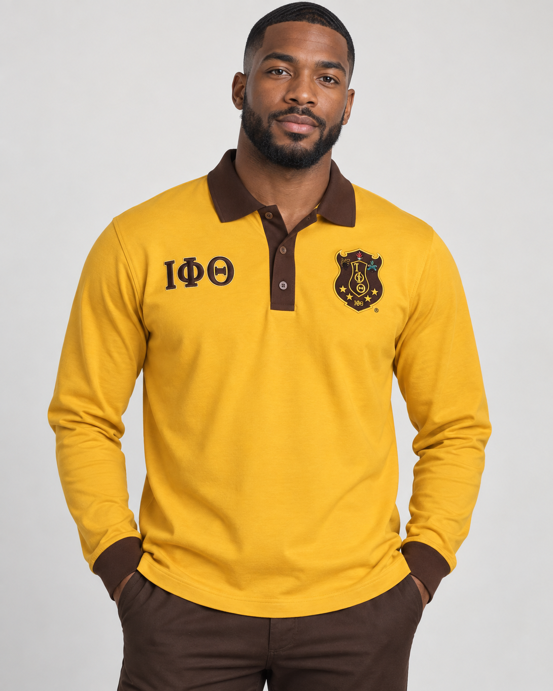 Iota Phi Theta gold body brown collar placket and cuffs long sleeve contrast polo on male model