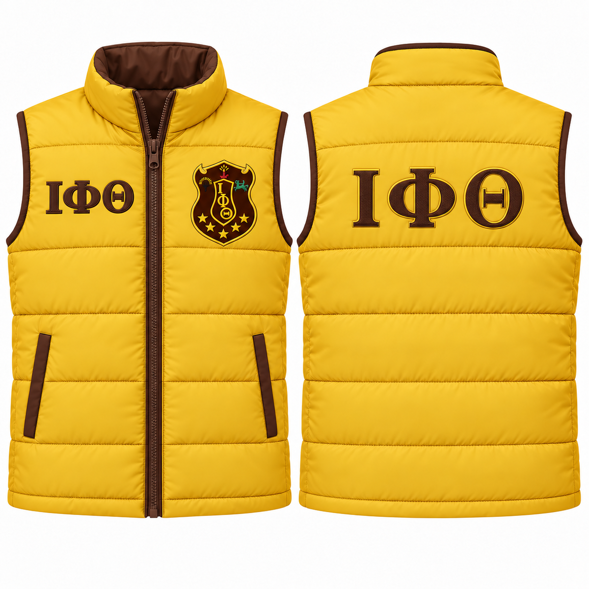 Iota Phi Theta gold and brown custom embroidered puffer vest front and back