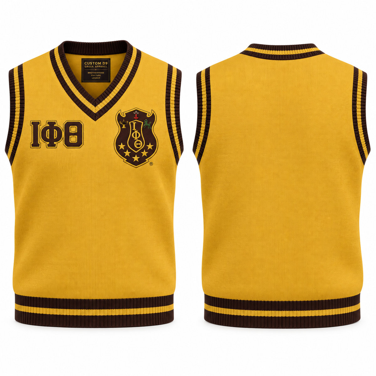Iota Phi Theta gold and brown varsity sweater vest front and back