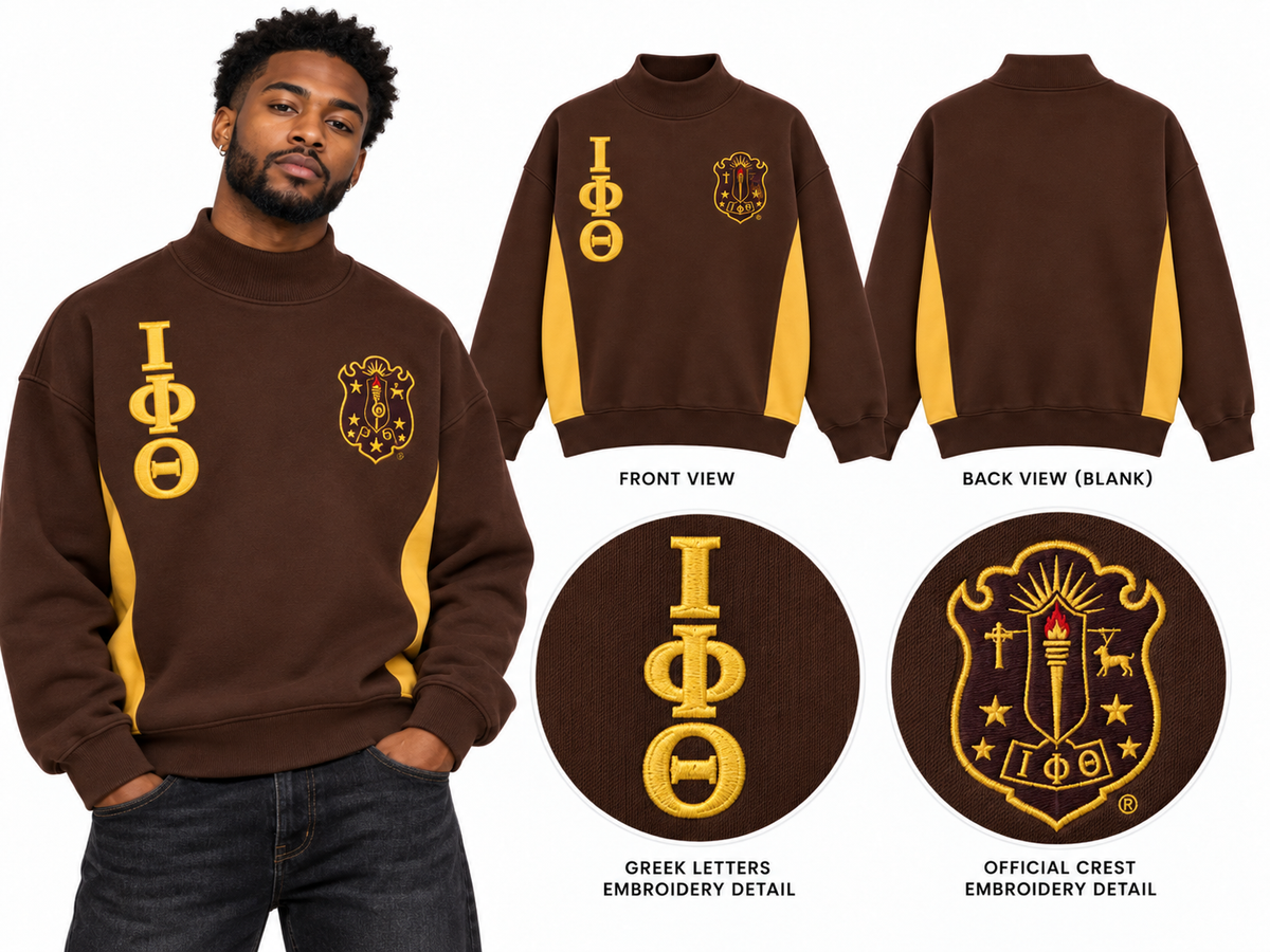 Iota Phi Theta oversized mock-neck embroidered sweatshirt brown and old gold