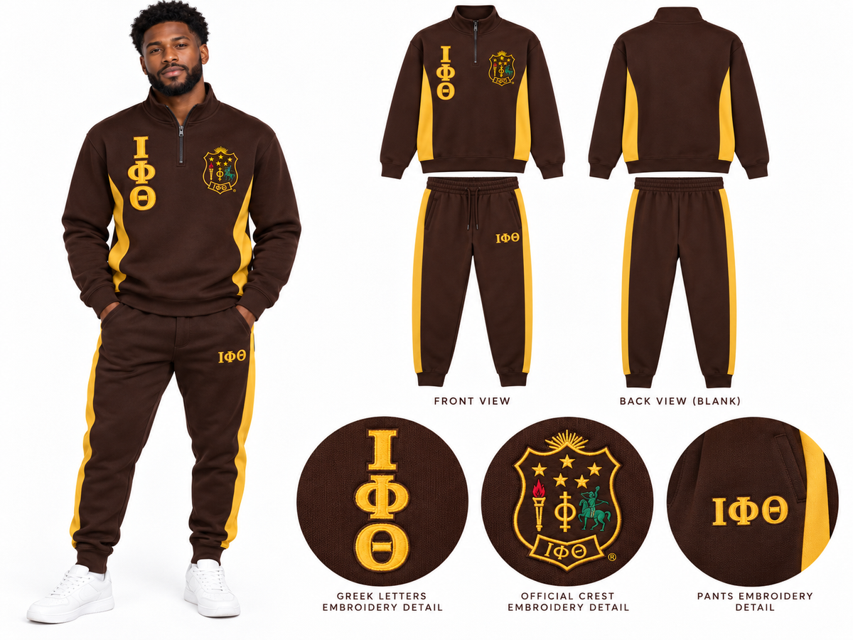 Iota Phi Theta premium embroidered track suit brown and old gold