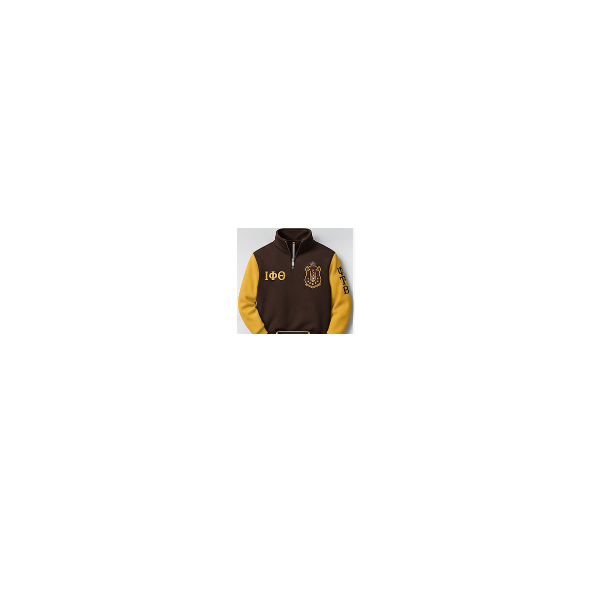 Iota Phi Theta brown and gold custom embroidered quarter zip pullover