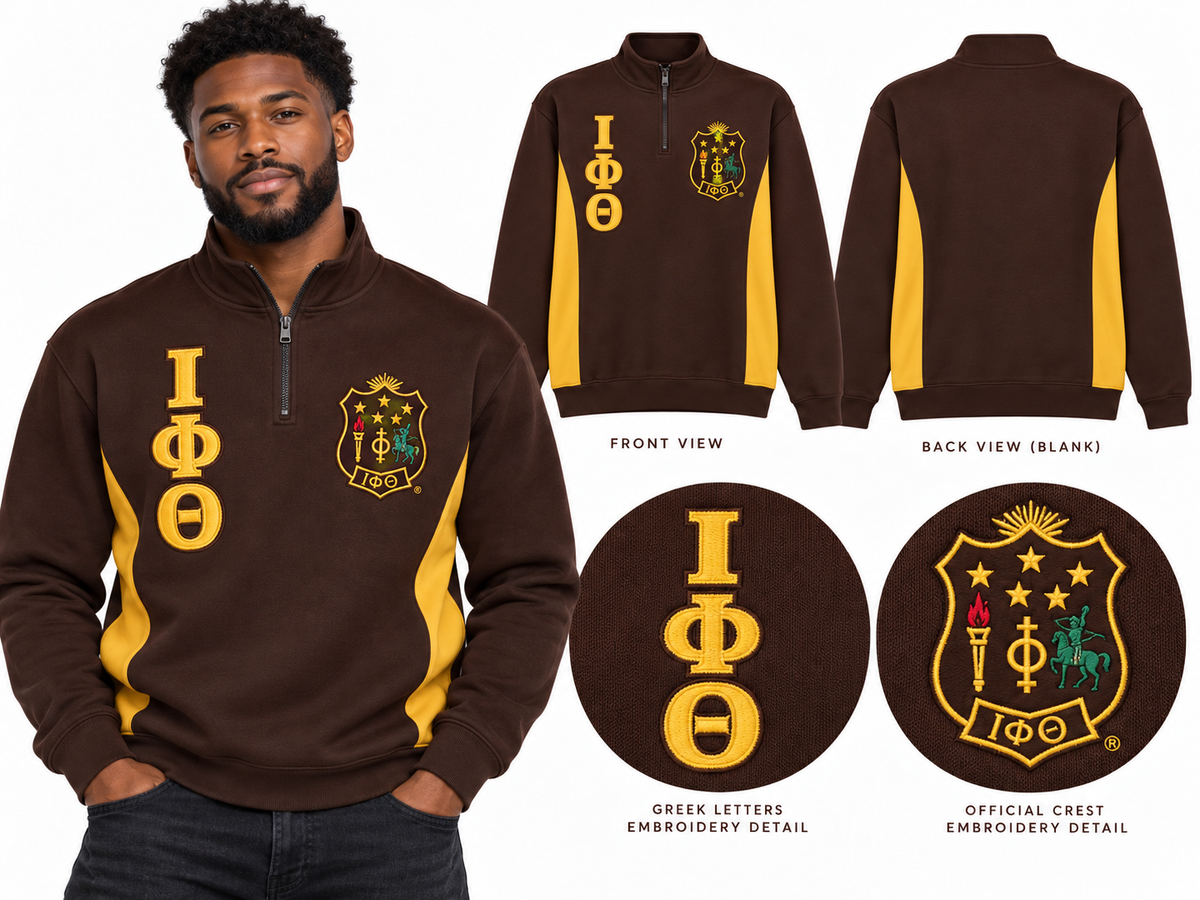 Iota Phi Theta embroidered quarter zip pullover brown and old gold