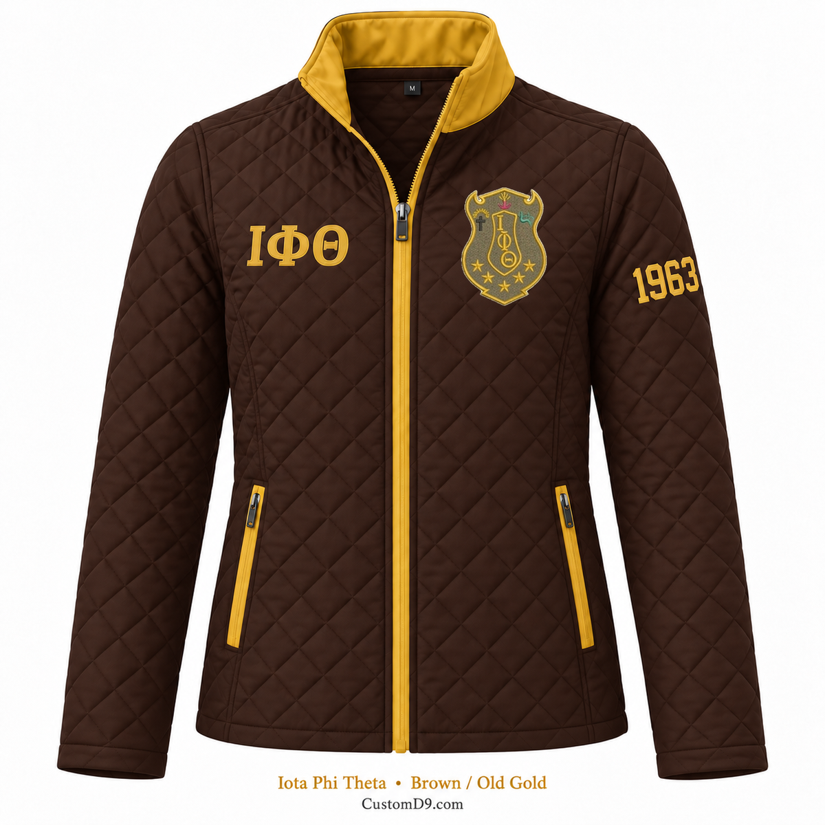 Iota Phi Theta quilted jacket in Brown and Old Gold; original crest, ΙΦΘ and 1963 sleeve customization example