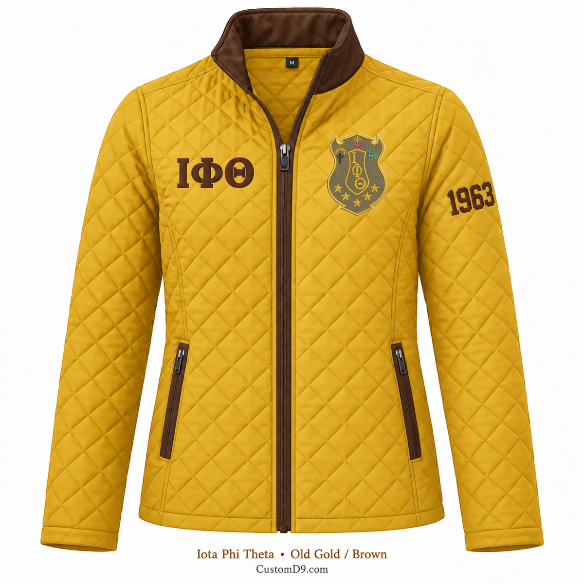Iota Phi Theta quilted jacket in Old Gold and Brown; original crest, ΙΦΘ and 1963 sleeve customization example
