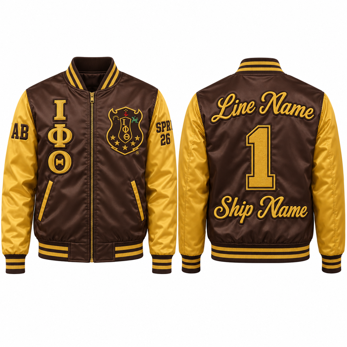 Iota Phi Theta custom embroidered satin bomber jacket brown and gold front and back personalization sample
