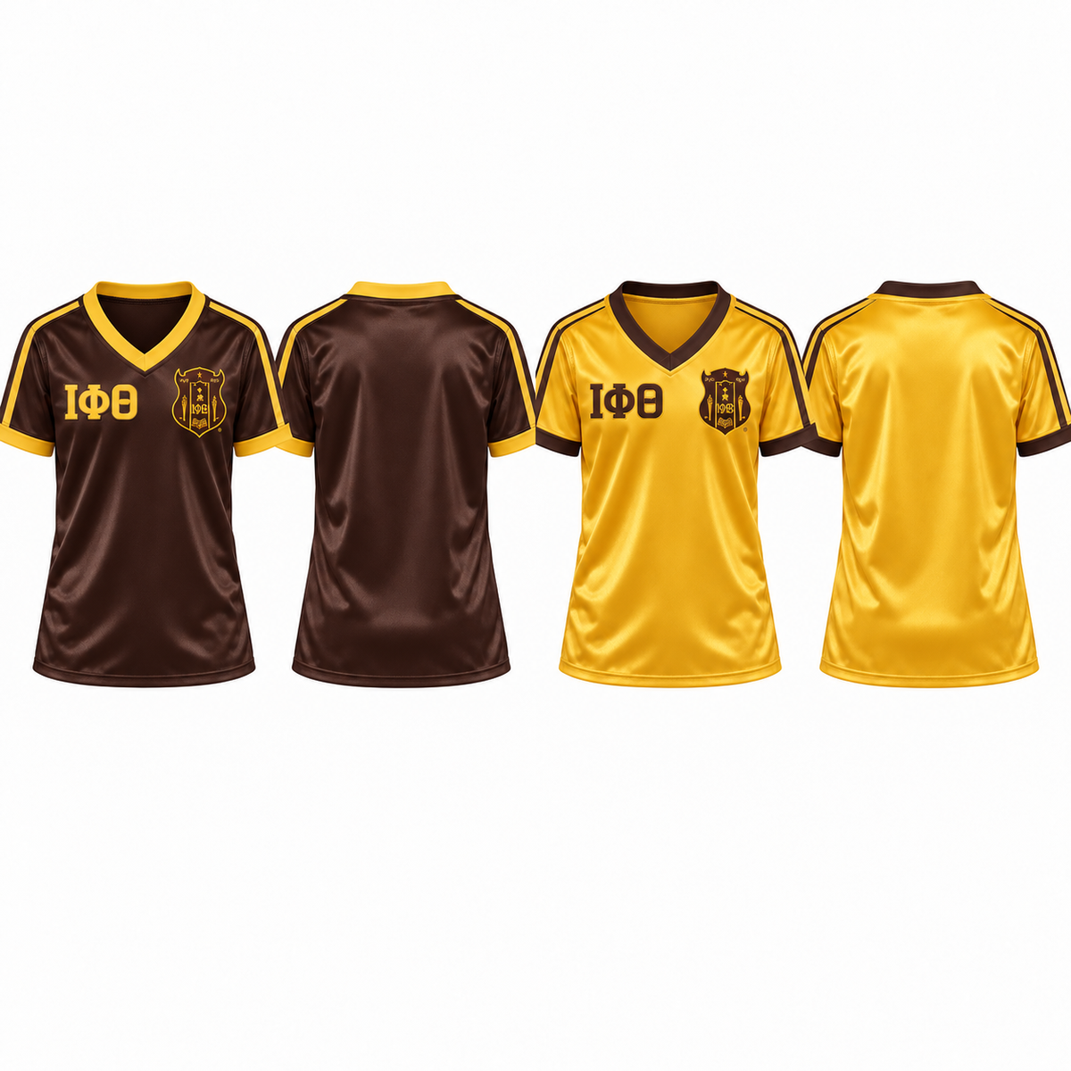 Iota Phi Theta brown and gold satin football jersey colorways front and back