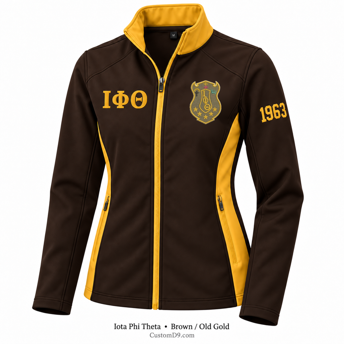 Iota Phi Theta Custom Softshell Jacket – Brown / Old Gold; original crest artwork, Greek letters and founding year customization example