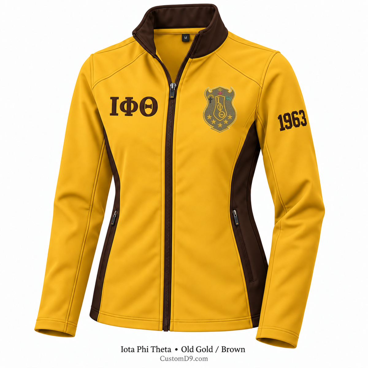 Iota Phi Theta Custom Softshell Jacket – Old Gold / Brown; original crest artwork, Greek letters and founding year customization example