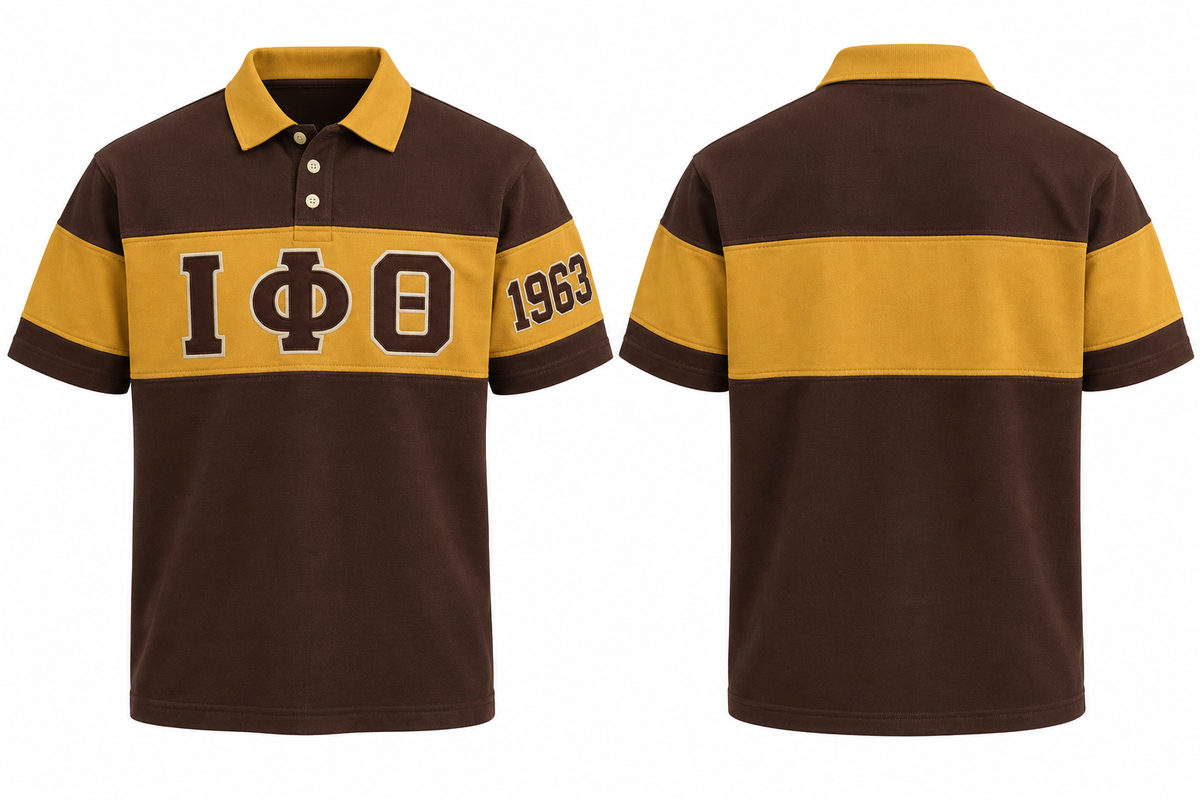 Iota Phi Theta brown and old gold sewn-panel rugby polo front and back
