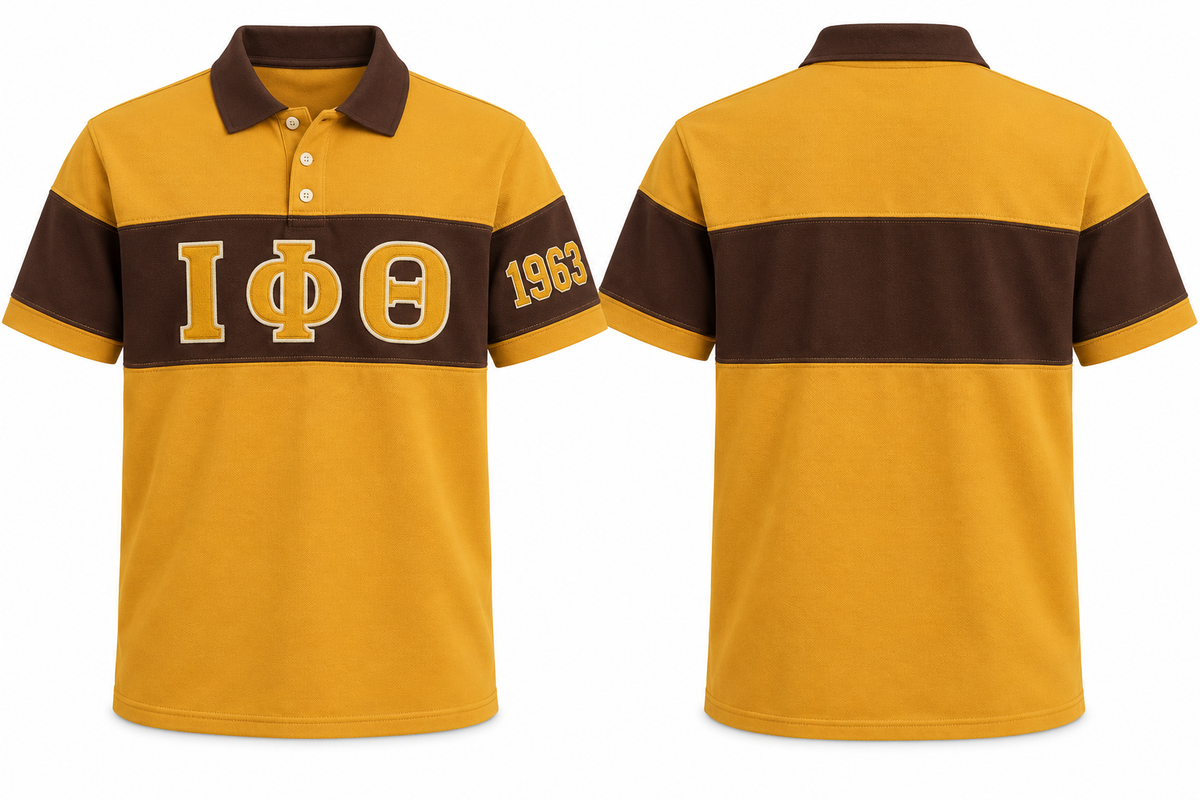 Iota Phi Theta old gold and brown sewn-panel rugby polo front and back